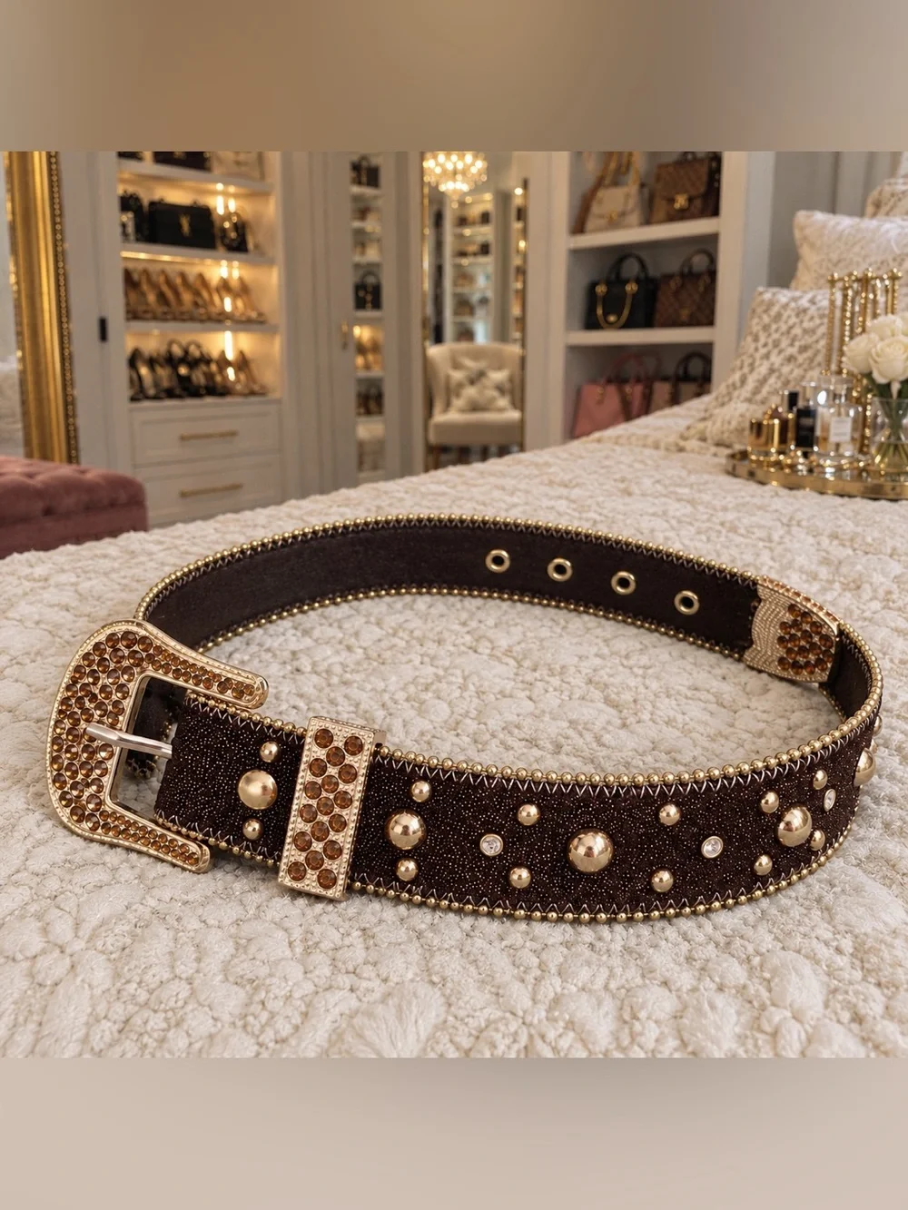 Y2K Brown Rhinestone Studded Wide Statement Belt